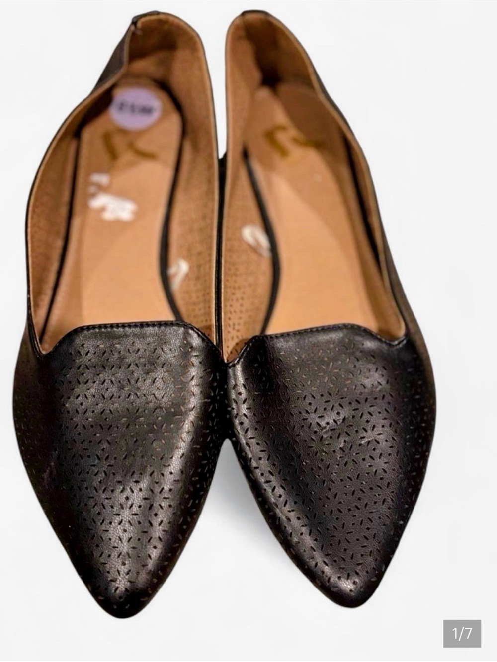 Report Black Laser Cut Perforated Pointed Toe Flats 8.5 Wide